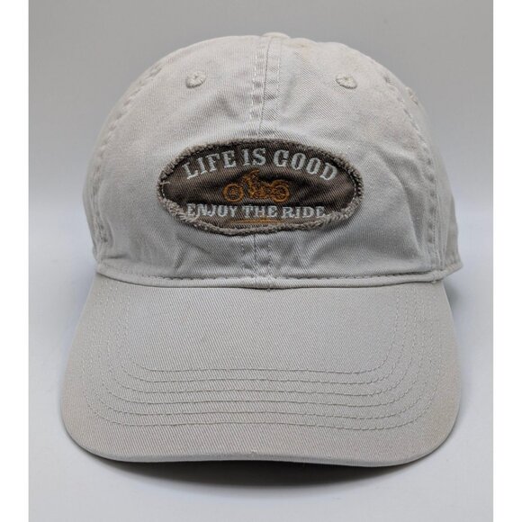 Life Is Good Enjoy The Ride Tan Hat Bike Dad Cap Adjustable Strap Back Beige - Picture 2 of 5